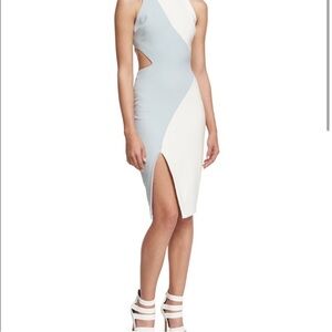 Elizabeth and James Dress Womens 6 Blue White Asymmetrical Cut Out Bodycon Midi